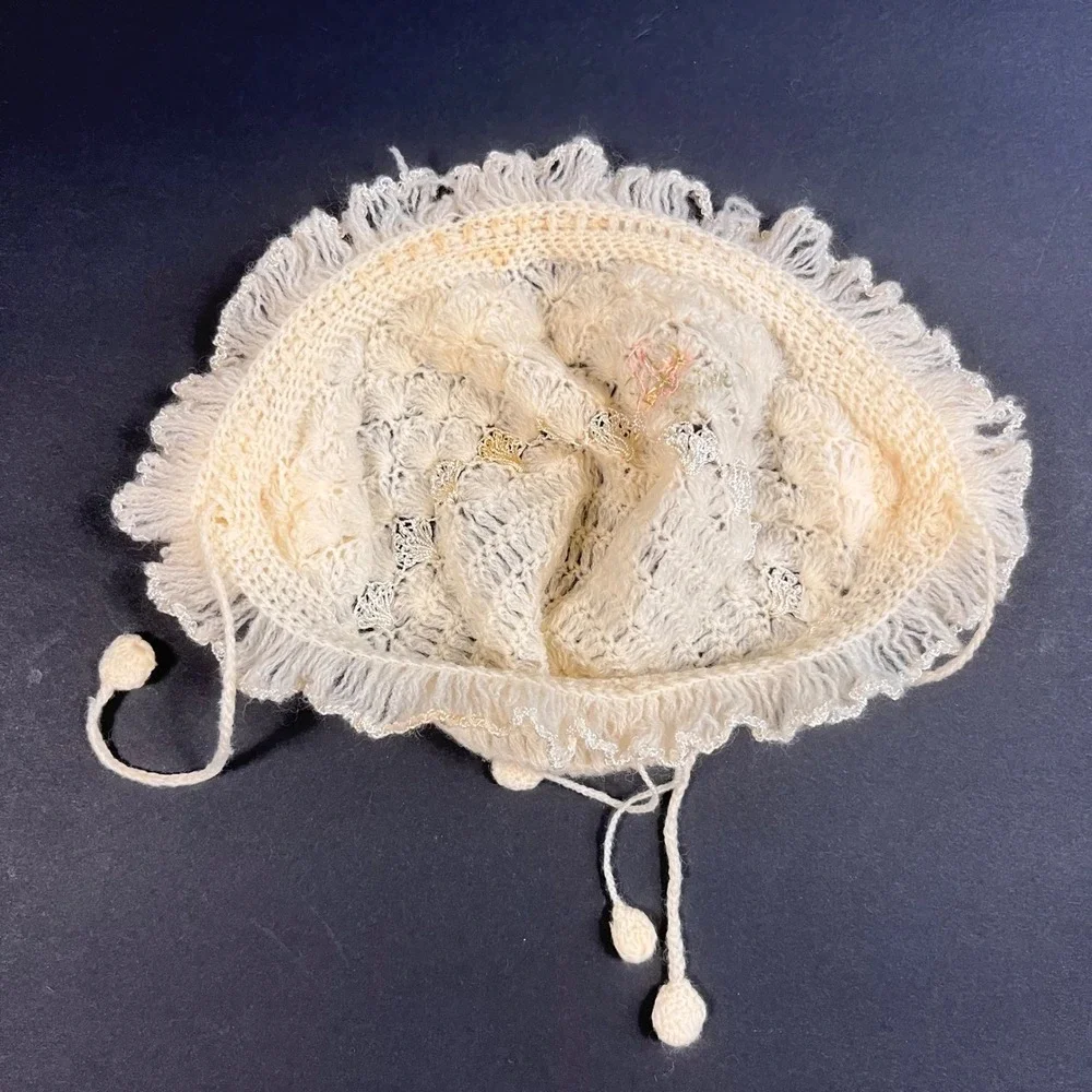Vtg Mid Century Crochet Baby Bonnet Floral Embroidery Lace Ruffle Pom Pom Ties